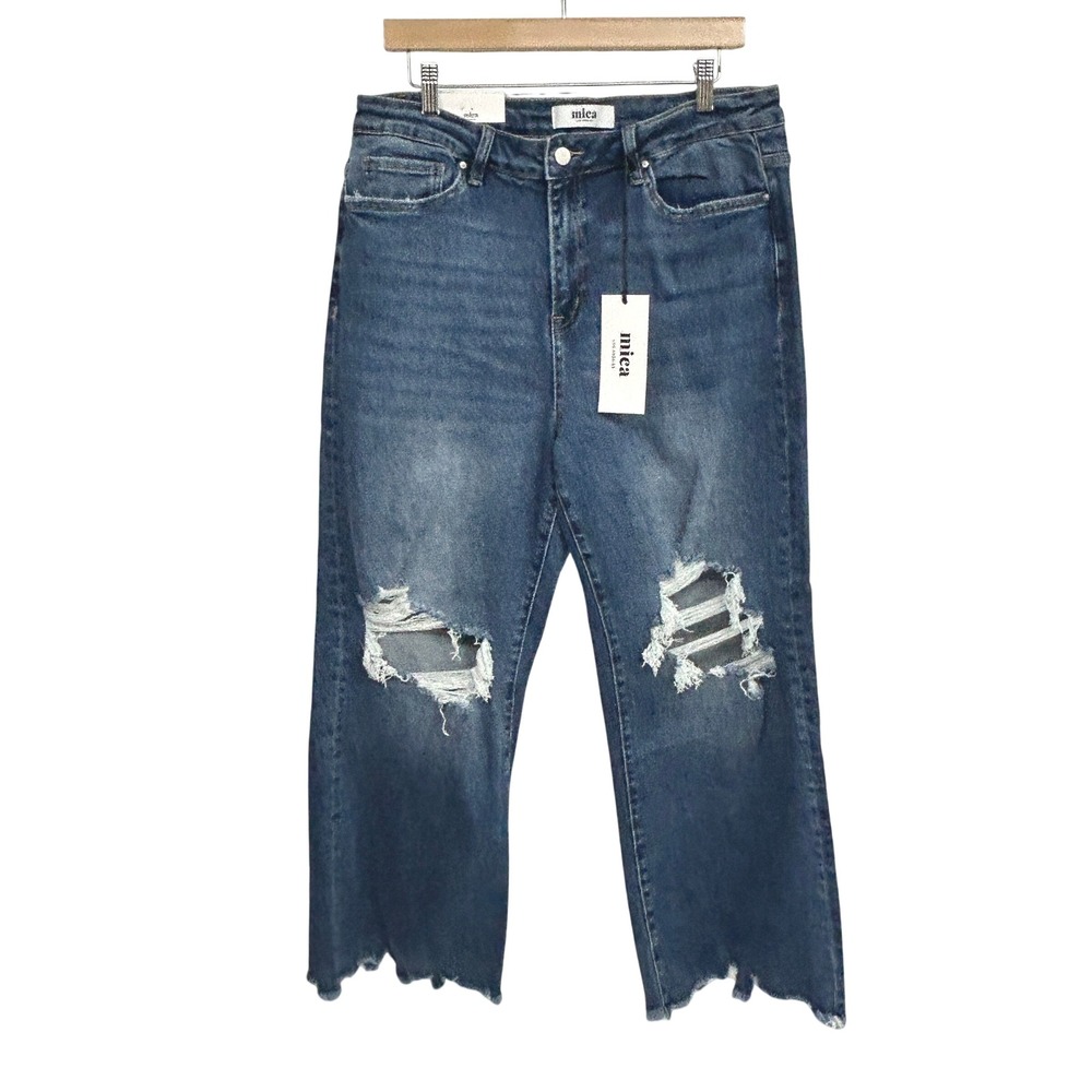 Mica Denim Super High Vintage Crop Flare Jeans 32 Medium Wash Distressed NWT